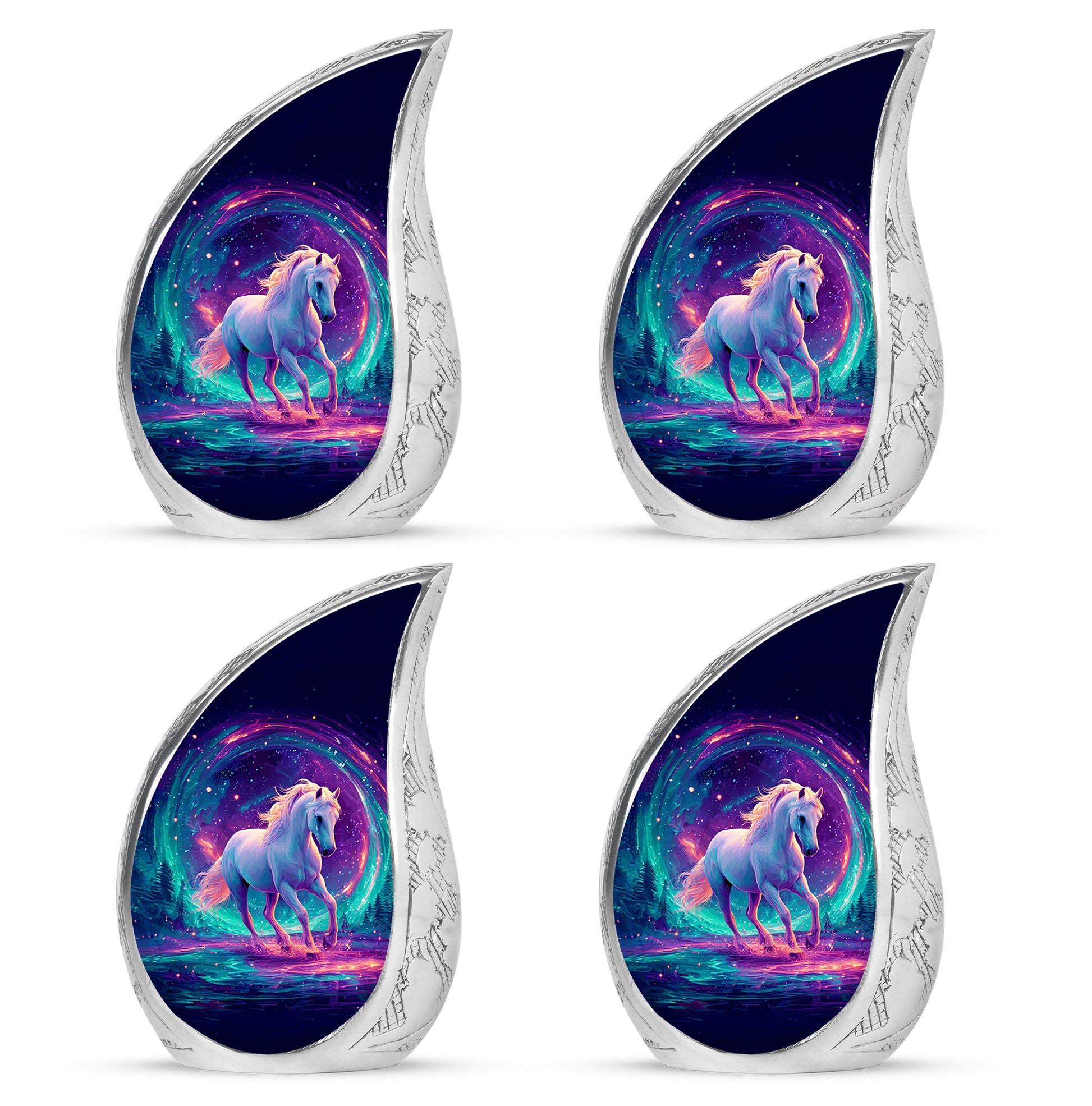 Pastel Blue Horse Cremation Urn close-up of engraving and surface detail - flowing teardrop horse silhouette on curved aluminum - 10 inch aluminum urn for cremated remains