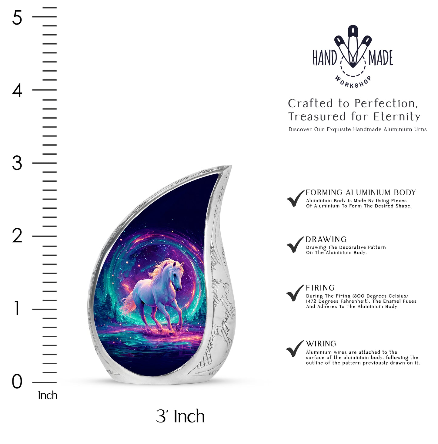 Pastel Blue Horse Cremation Urn angled view of lid and engraved motif - rounded teardrop horse design with delicate detail - mini keepsake memorial for portion of cremation ashes
