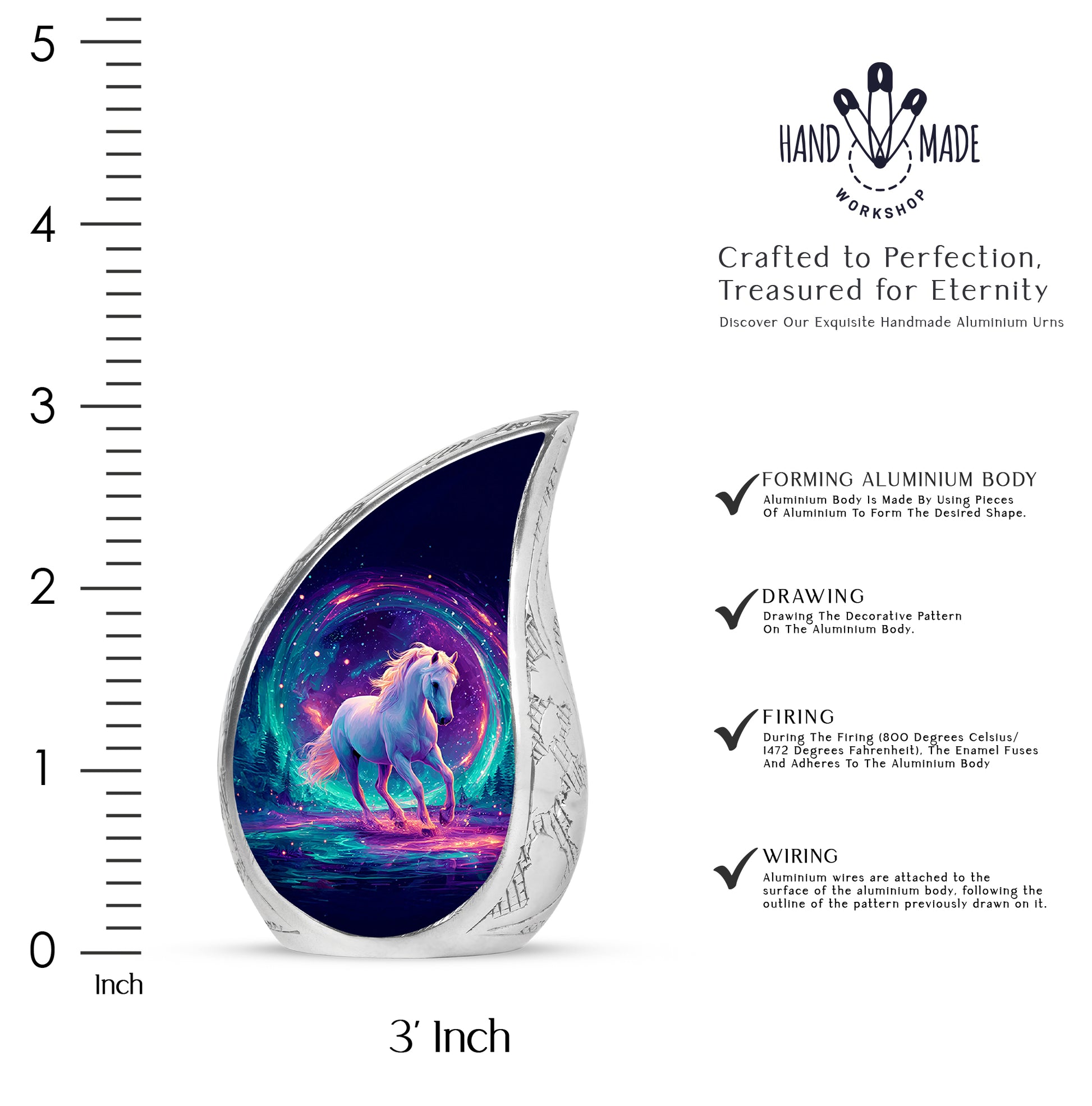 Pastel Blue Horse Cremation Urn angled view of lid and engraved motif - rounded teardrop horse design with delicate detail - mini keepsake memorial for portion of cremation ashes