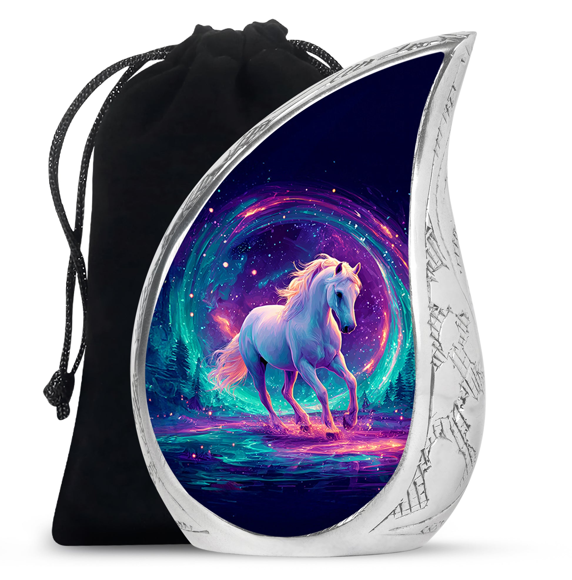 Bright Blue Horse Cremation Urn front view showing detailed design - graceful tear-shaped urn with horse motif - full-size 10 inch 200 cubic inch adult cremation urn