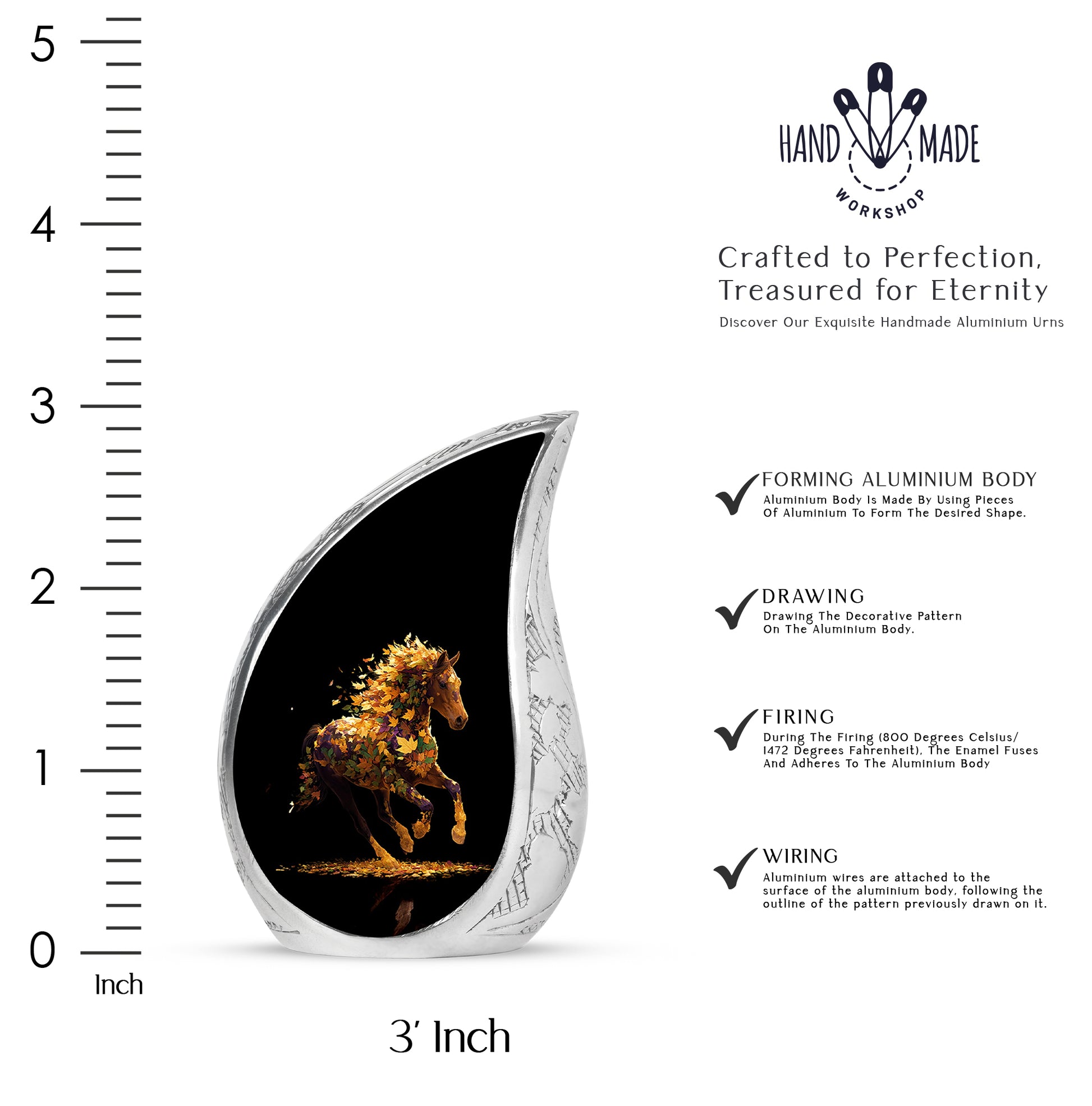 Charcoal Black Horse Cremation Urn angled view of lid and engraved motif - smooth teardrop contour featuring horse art - mini keepsake memorial for portion of cremation ashes