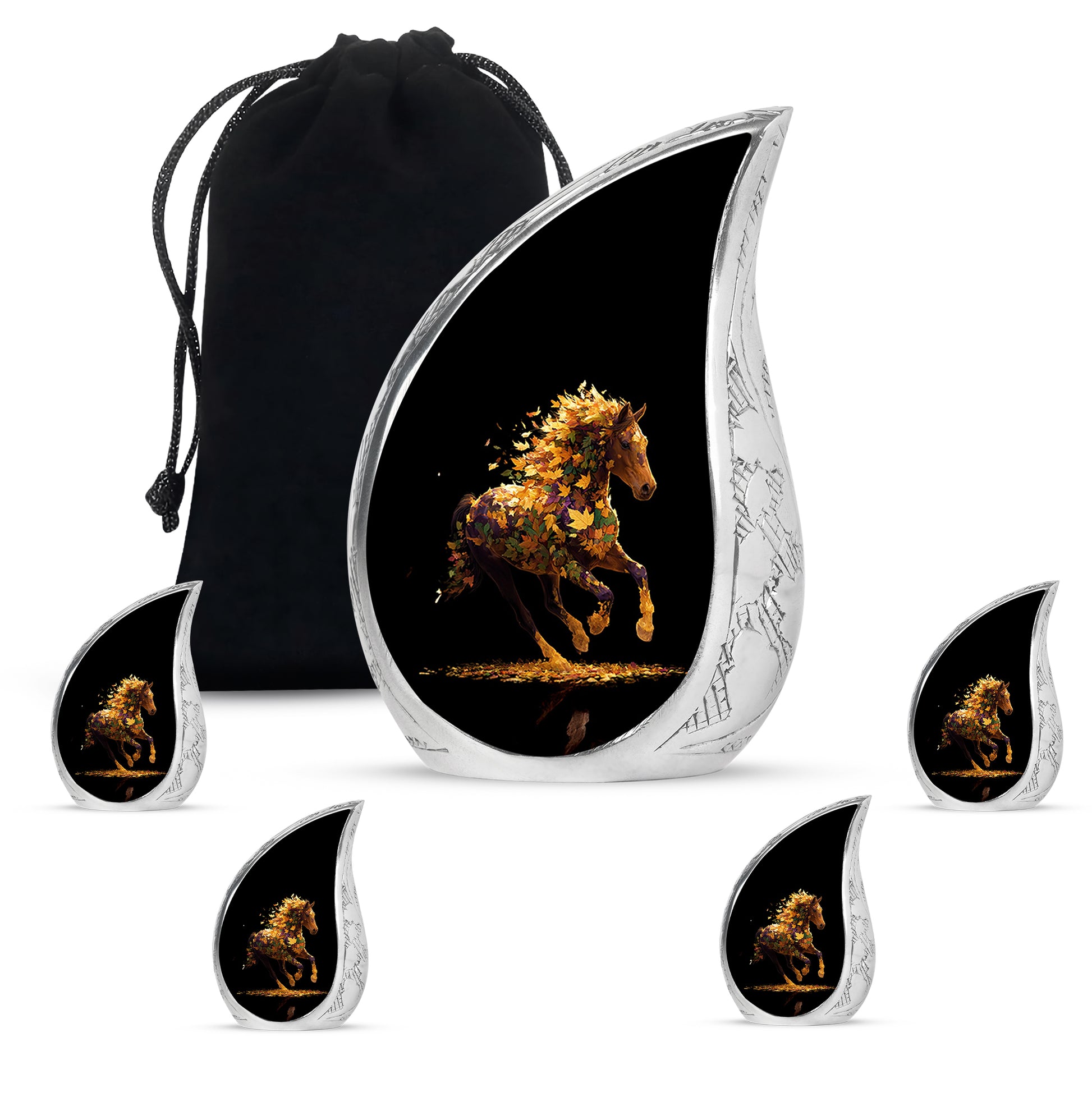 Ebony Horse Cremation Urn side profile showing urn shape - flowing teardrop horse silhouette on curved aluminum - memorial set with one large and four small urns