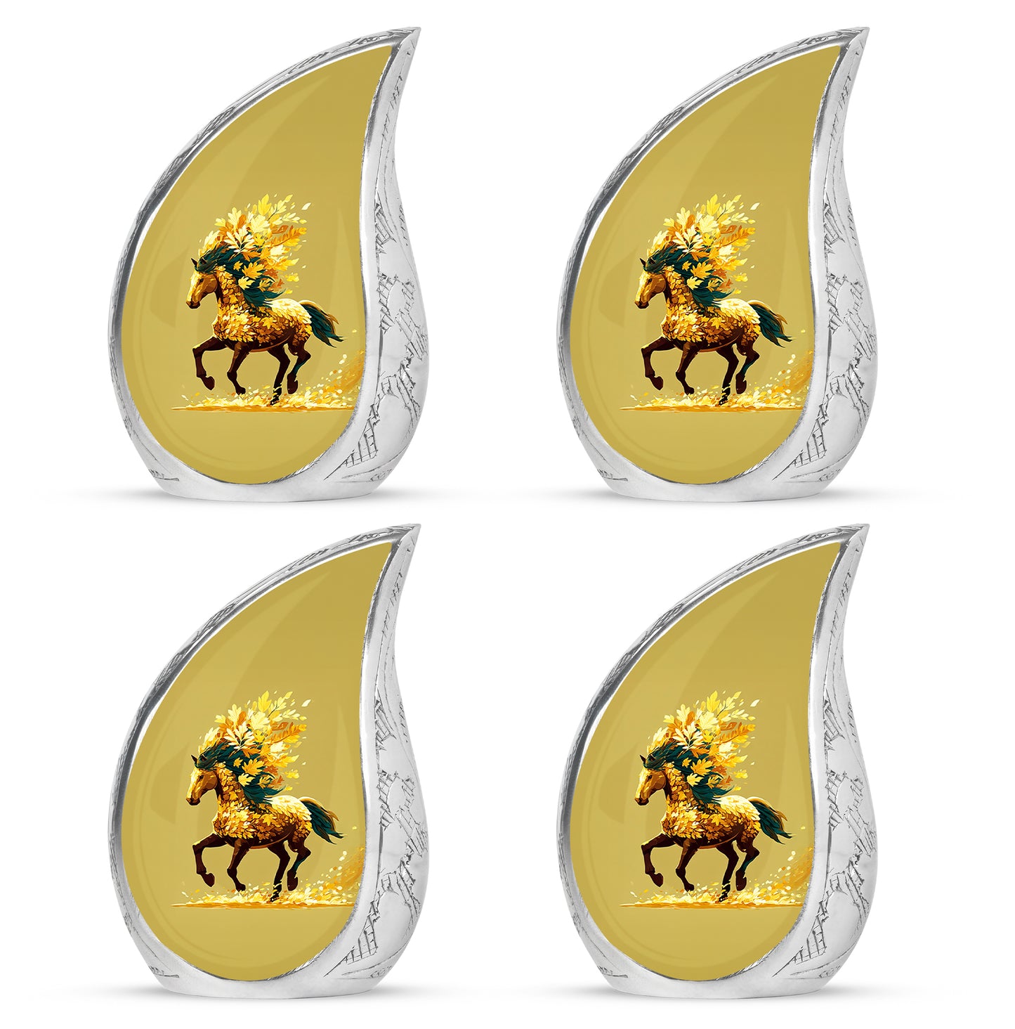 Warm Gold Horse Cremation Urn close-up of engraving and surface detail - smooth teardrop contour featuring horse art - 10 inch aluminum urn for cremated remains
