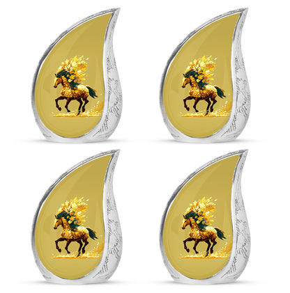 Warm Gold Horse Cremation Urn close-up of engraving and surface detail - smooth teardrop contour featuring horse art - 10 inch aluminum urn for cremated remains