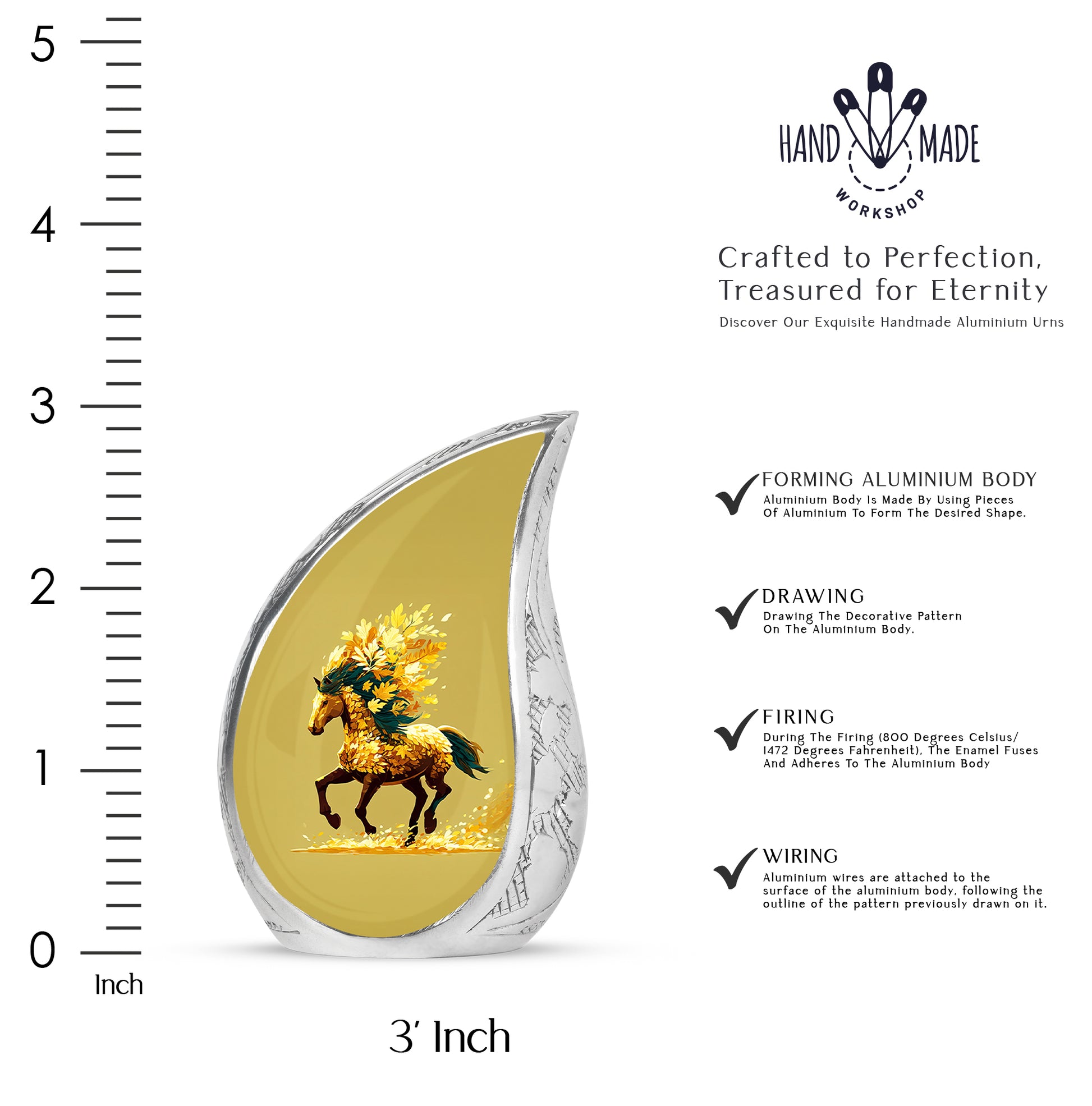 Harvest Gold Horse Cremation Urn angled view of lid and engraved motif - graceful tear-shaped urn with horse motif - mini keepsake memorial for portion of cremation ashes