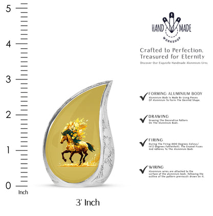 Harvest Gold Horse Cremation Urn angled view of lid and engraved motif - graceful tear-shaped urn with horse motif - mini keepsake memorial for portion of cremation ashes