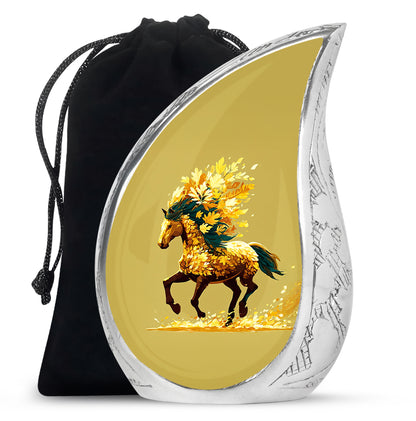 Gilded Gold Horse Cremation Urn front view showing detailed design - rounded teardrop horse design with delicate detail - full-size 10 inch 200 cubic inch adult cremation urn