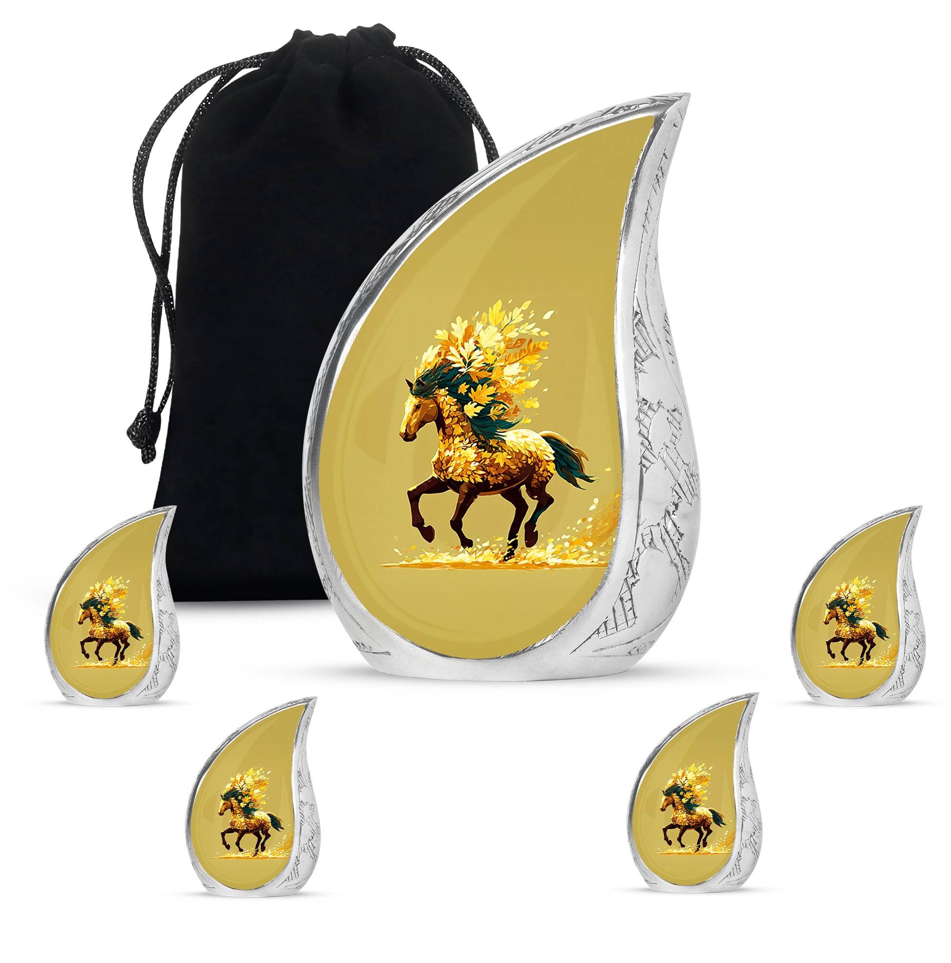 Harvest Gold Horse Cremation Urn side profile showing urn shape - smooth teardrop contour featuring horse art - memorial set with one large and four small urns