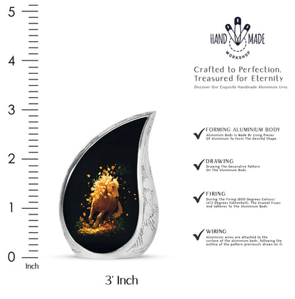 Navy Blue Horse Cremation Urn angled view of lid and engraved motif - rounded teardrop horse design with delicate detail - mini keepsake memorial for portion of cremation ashes