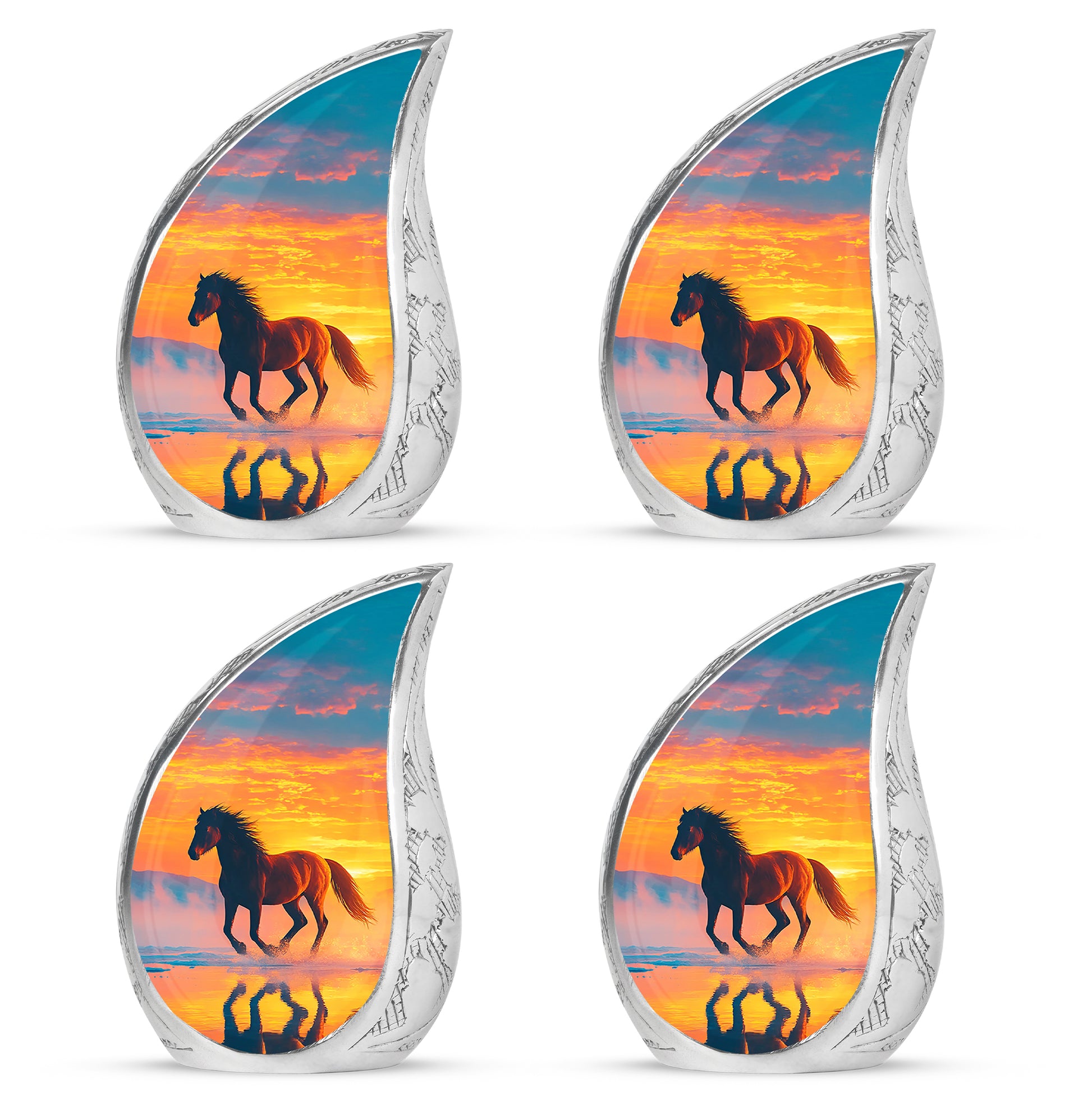 Pastel Blue Horse Cremation Urn close-up of engraving and surface detail - flowing teardrop horse silhouette on curved aluminum - 10 inch aluminum urn for cremated remains