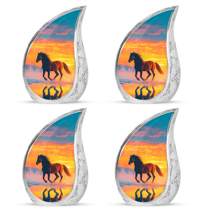 Pastel Blue Horse Cremation Urn close-up of engraving and surface detail - flowing teardrop horse silhouette on curved aluminum - 10 inch aluminum urn for cremated remains