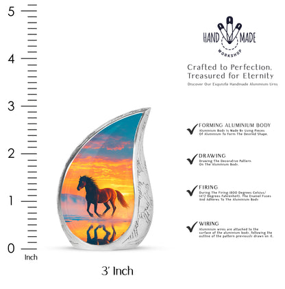 Cobalt Blue Horse Cremation Urn angled view of lid and engraved motif - graceful tear-shaped urn with horse motif - mini keepsake memorial for portion of cremation ashes