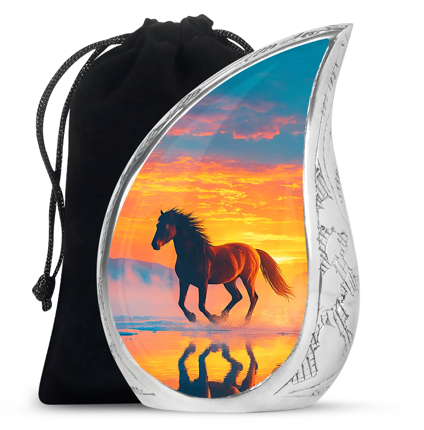 Calming Blue Horse Cremation Urn front view showing detailed design - smooth teardrop contour featuring horse art - full-size 10 inch 200 cubic inch adult cremation urn