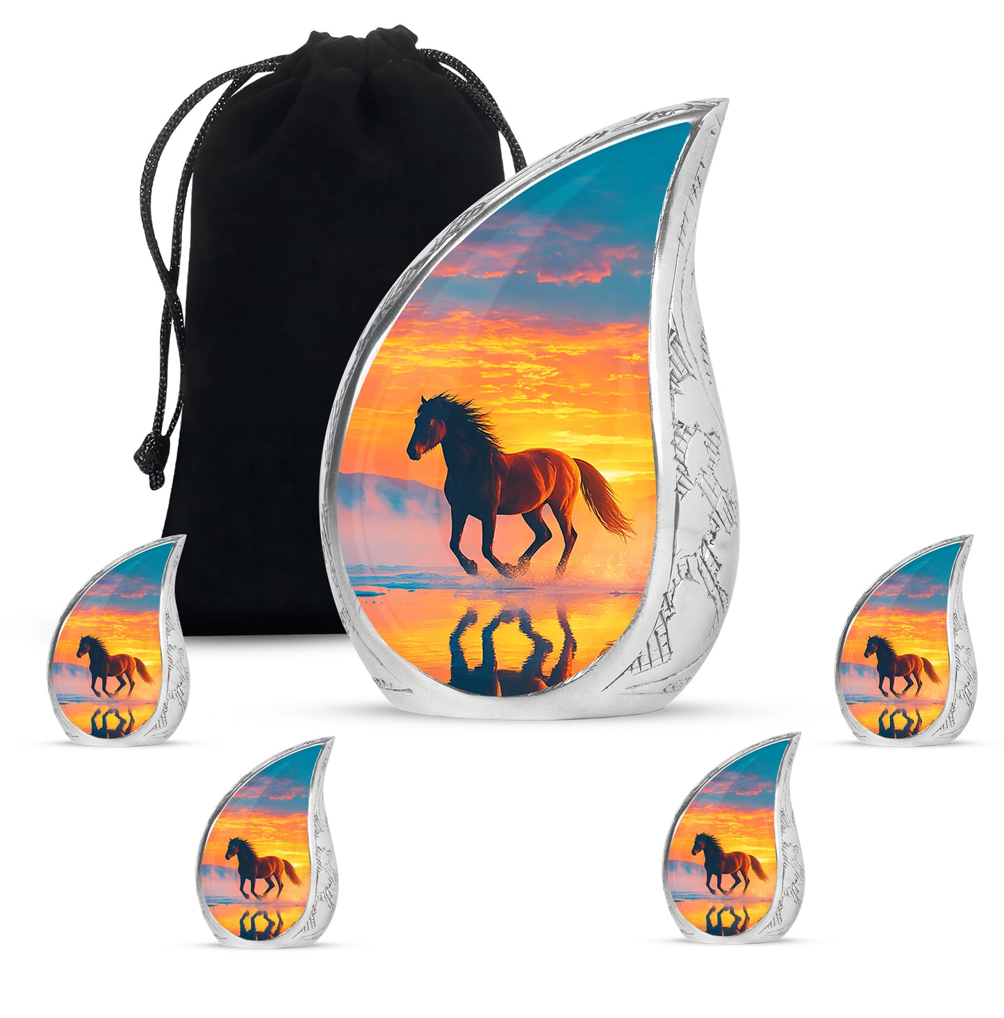 Royal Blue Horse Cremation Urn side profile showing urn shape - smooth teardrop contour featuring horse art - memorial set with one large and four small urns
