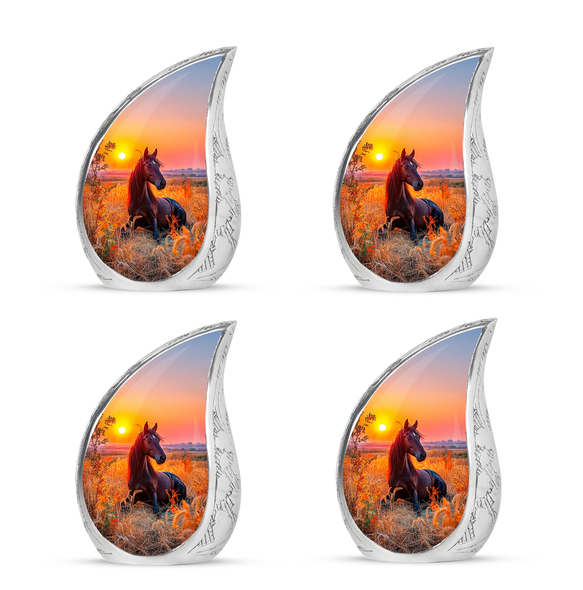 Wine Red Horse Cremation Urn close-up of engraving and surface detail - flowing teardrop horse silhouette on curved aluminum - 10 inch aluminum urn for cremated remains