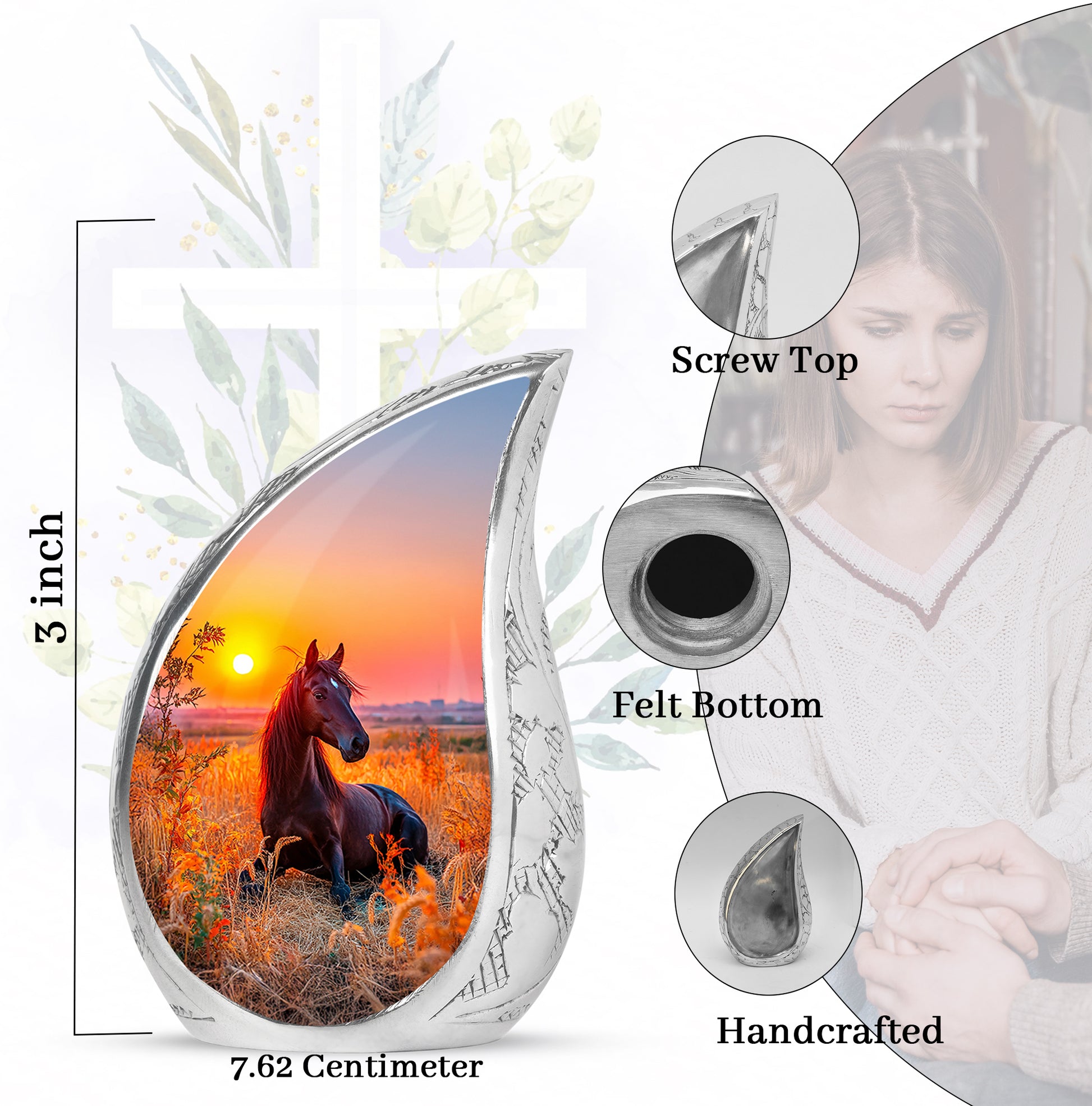 Wine Red Horse Cremation Urn angled view of lid and engraved motif - rounded teardrop horse design with delicate detail - mini keepsake memorial for portion of cremation ashes