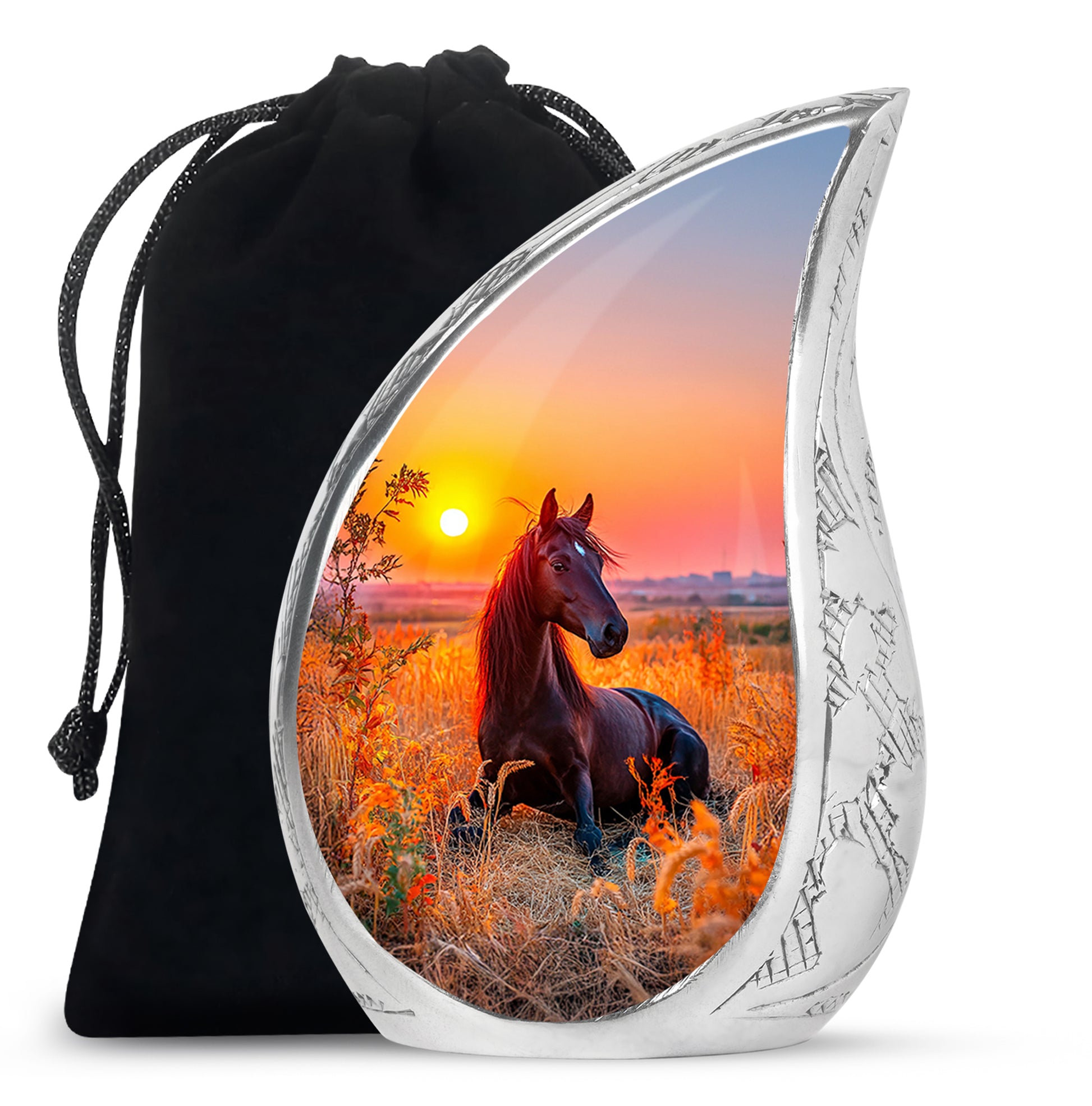 Scarlet Red Horse Cremation Urn front view showing detailed design - graceful tear-shaped urn with horse motif - full-size 10 inch 200 cubic inch adult cremation urn