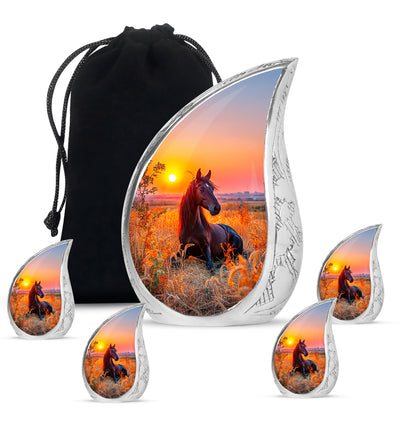Scarlet Red Horse Cremation Urn side profile showing urn shape - smooth teardrop contour featuring horse art - memorial set with one large and four small urns