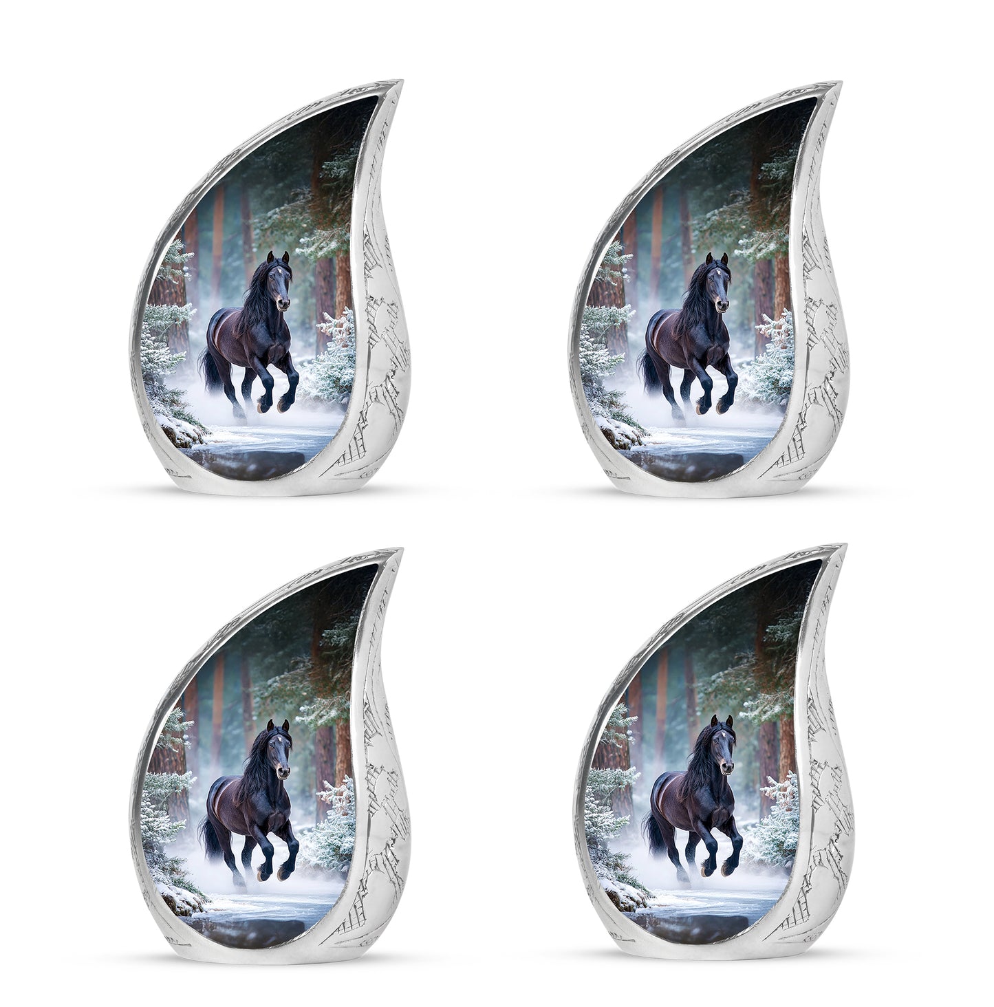 Steel Blue Horse Cremation Urn close-up of engraving and surface detail - smooth teardrop contour featuring horse art - 10 inch aluminum urn for cremated remains