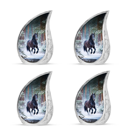 Steel Blue Horse Cremation Urn close-up of engraving and surface detail - smooth teardrop contour featuring horse art - 10 inch aluminum urn for cremated remains