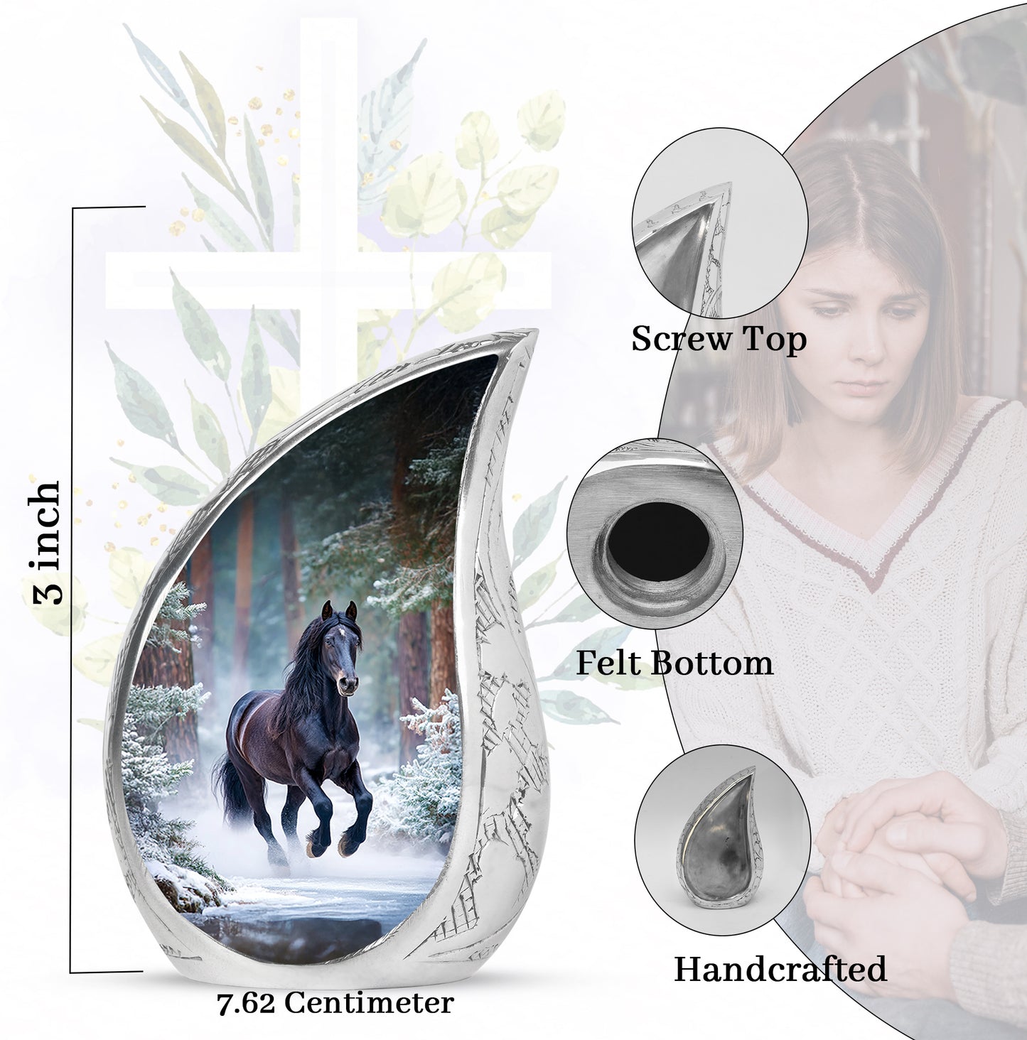 Bright Blue Horse Cremation Urn angled view of lid and engraved motif - smooth teardrop contour featuring horse art - mini keepsake memorial for portion of cremation ashes
