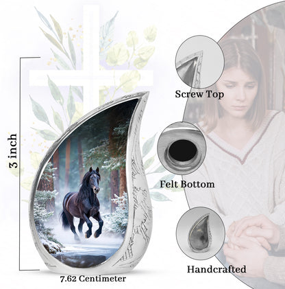 Bright Blue Horse Cremation Urn angled view of lid and engraved motif - smooth teardrop contour featuring horse art - mini keepsake memorial for portion of cremation ashes