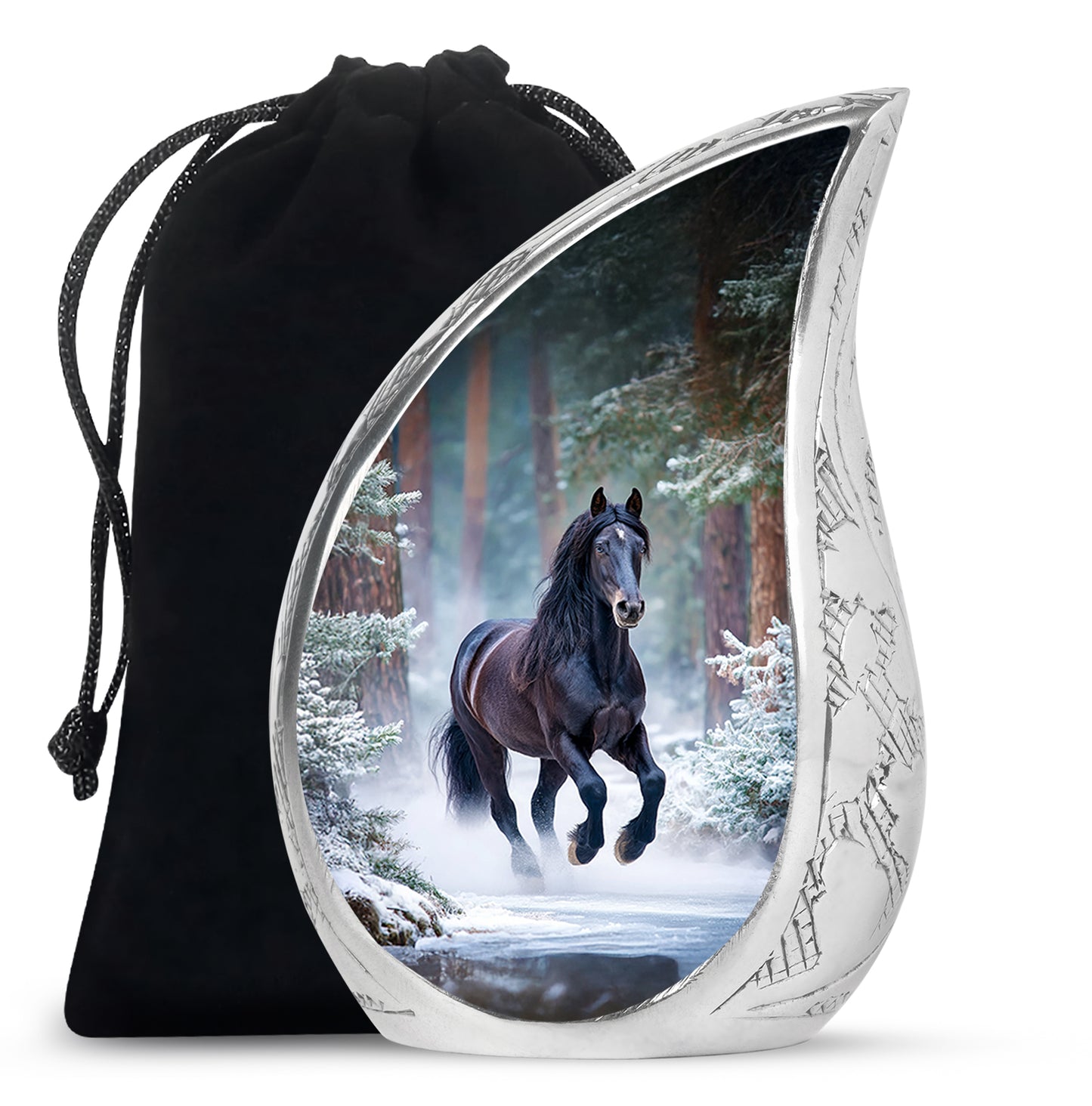 Calming Blue Horse Cremation Urn front view showing detailed design - graceful tear-shaped urn with horse motif - full-size 10 inch 200 cubic inch adult cremation urn