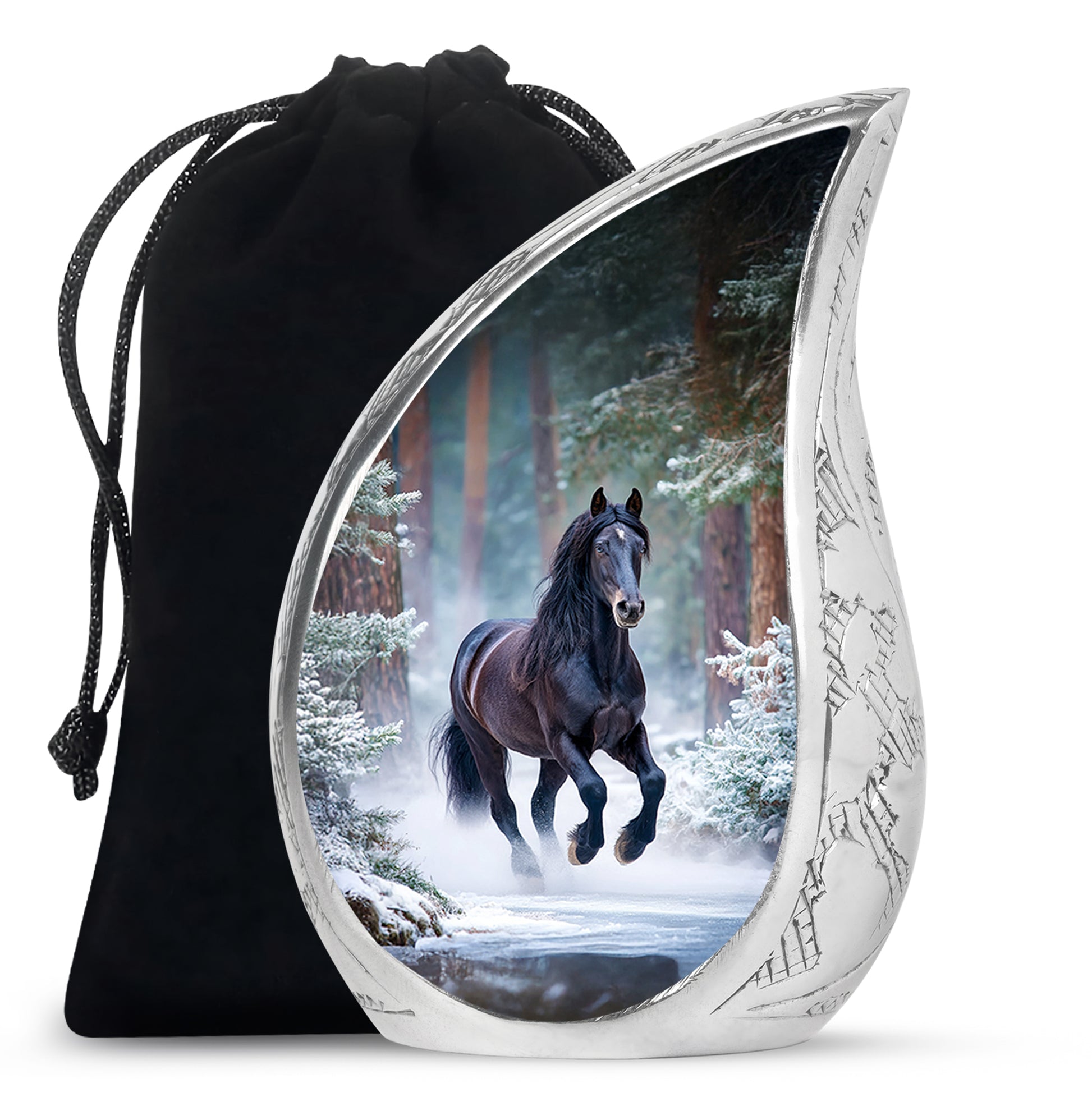 Calming Blue Horse Cremation Urn front view showing detailed design - graceful tear-shaped urn with horse motif - full-size 10 inch 200 cubic inch adult cremation urn