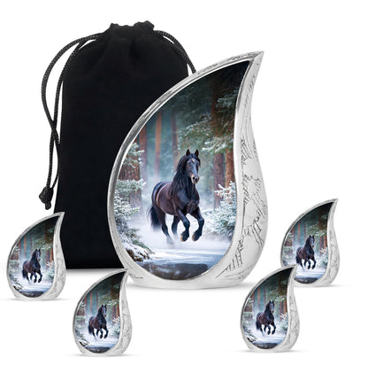Bright Blue Horse Cremation Urn side profile showing urn shape - smooth teardrop contour featuring horse art - memorial set with one large and four small urns