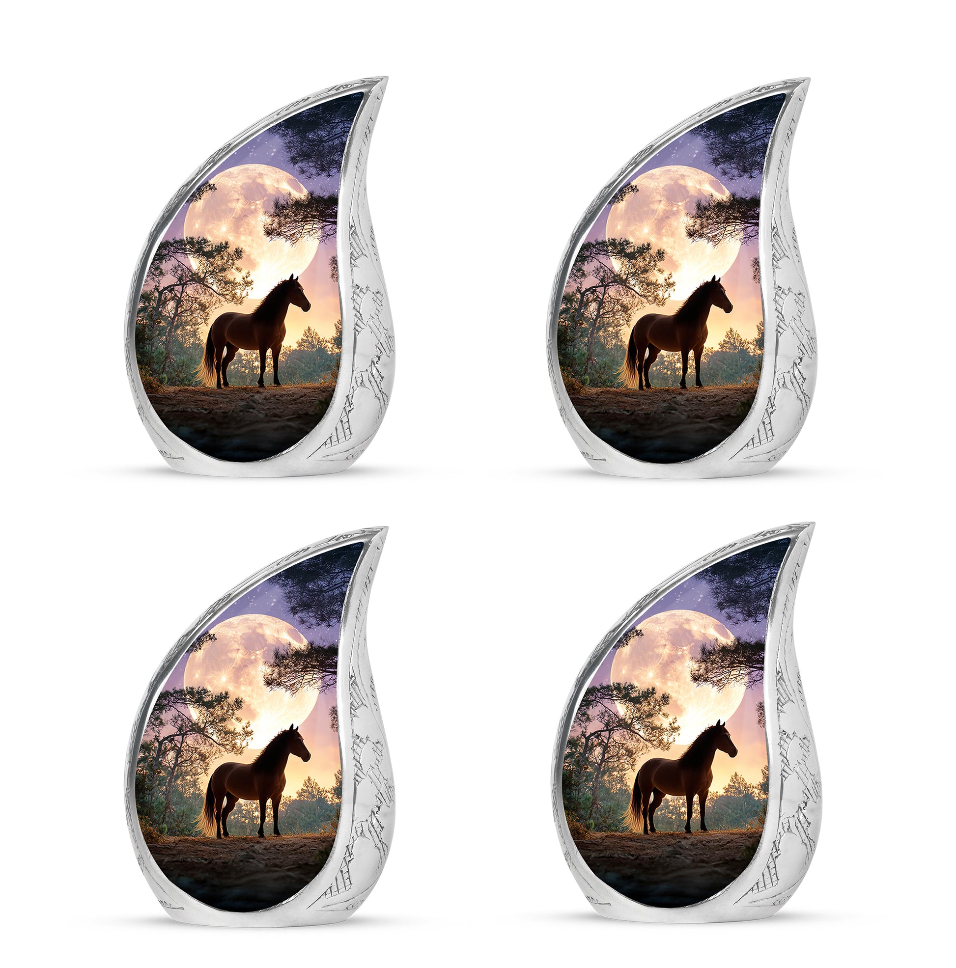 Soft Blue Horse Cremation Urn close-up of engraving and surface detail - graceful tear-shaped urn with horse motif - 10 inch aluminum urn for cremated remains