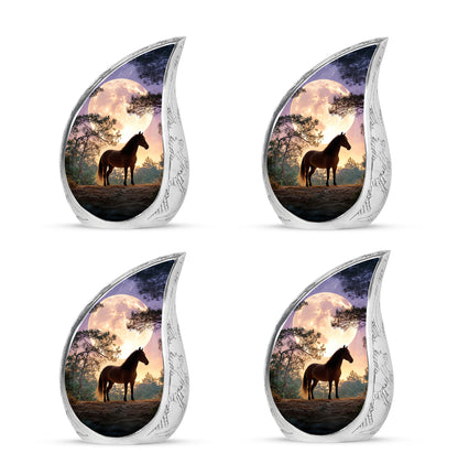Soft Blue Horse Cremation Urn close-up of engraving and surface detail - graceful tear-shaped urn with horse motif - 10 inch aluminum urn for cremated remains