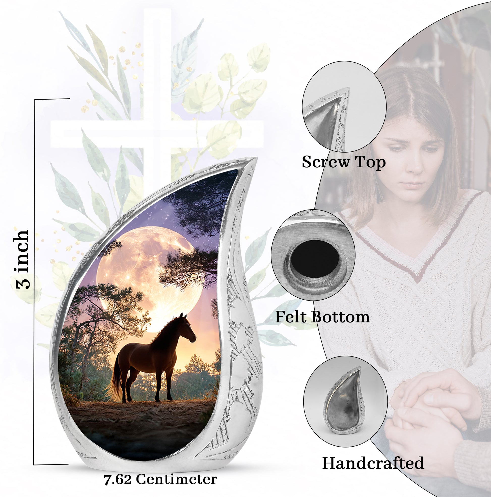 Azure Horse Cremation Urn angled view of lid and engraved motif - flowing teardrop horse silhouette on curved aluminum - mini keepsake memorial for portion of cremation ashes