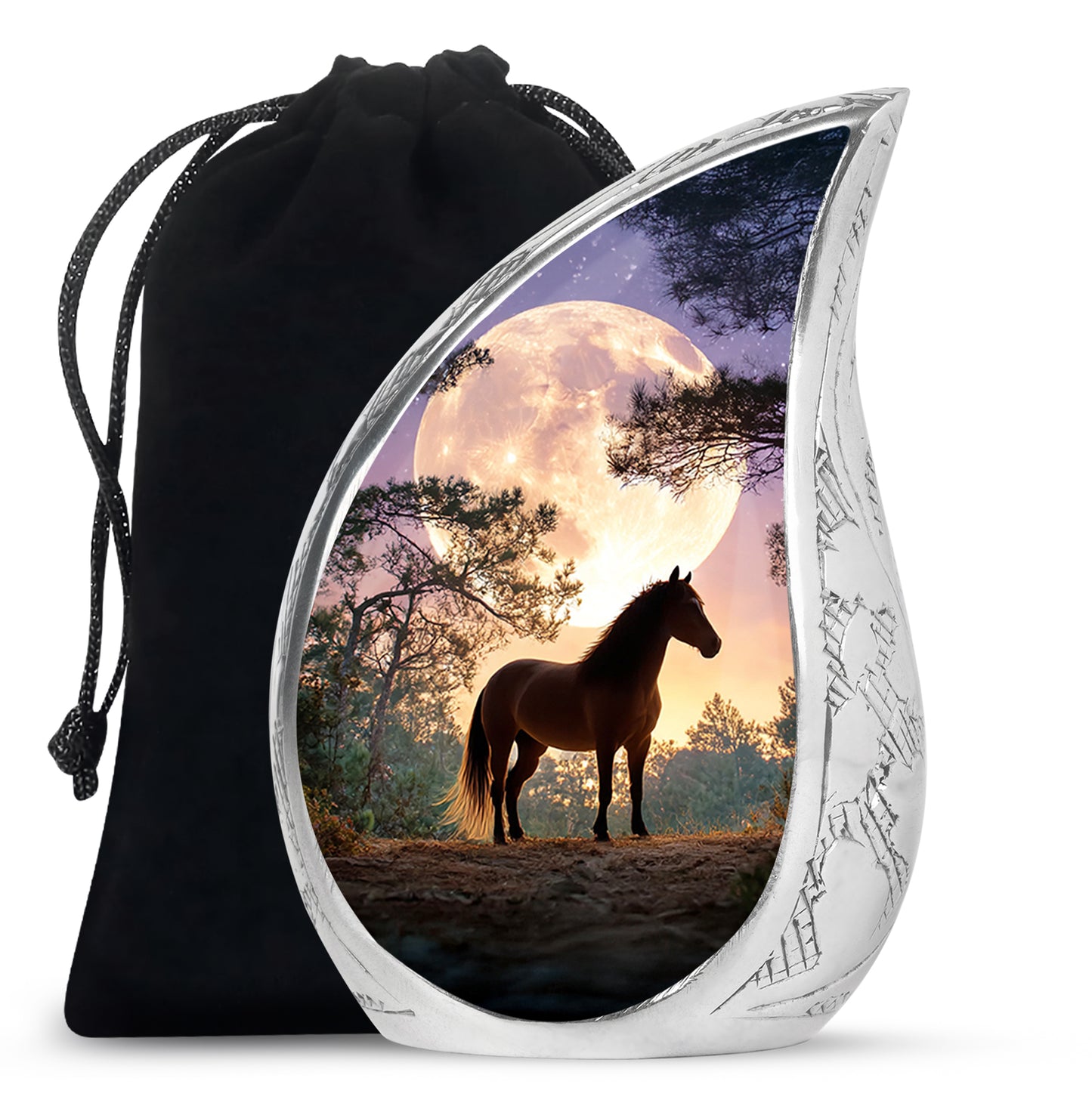 Serene Blue Horse Cremation Urn front view showing detailed design - smooth teardrop contour featuring horse art - full-size 10 inch 200 cubic inch adult cremation urn