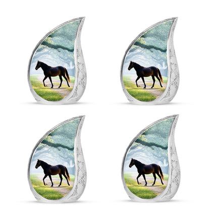 Soft Teal Horse Cremation Urn close-up of engraving and surface detail - flowing teardrop horse silhouette on curved aluminum - 10 inch aluminum urn for cremated remains