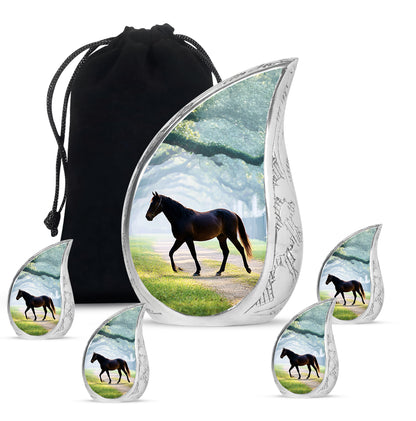 Jewel Teal Horse Cremation Urn side profile showing urn shape - flowing teardrop horse silhouette on curved aluminum - memorial set with one large and four small urns