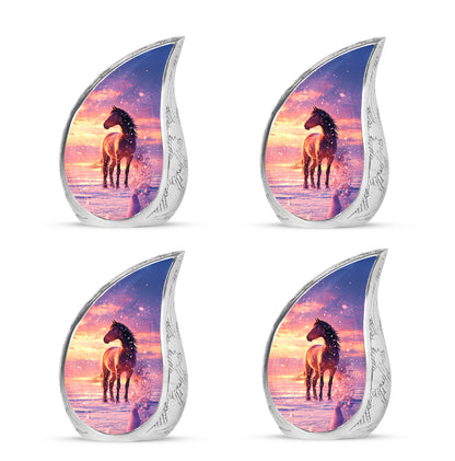 Misty Blue Horse Cremation Urn close-up of engraving and surface detail - rounded teardrop horse design with delicate detail - 10 inch aluminum urn for cremated remains