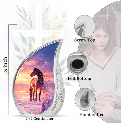 Sky Blue Horse Cremation Urn angled view of lid and engraved motif - rounded teardrop horse design with delicate detail - mini keepsake memorial for portion of cremation ashes