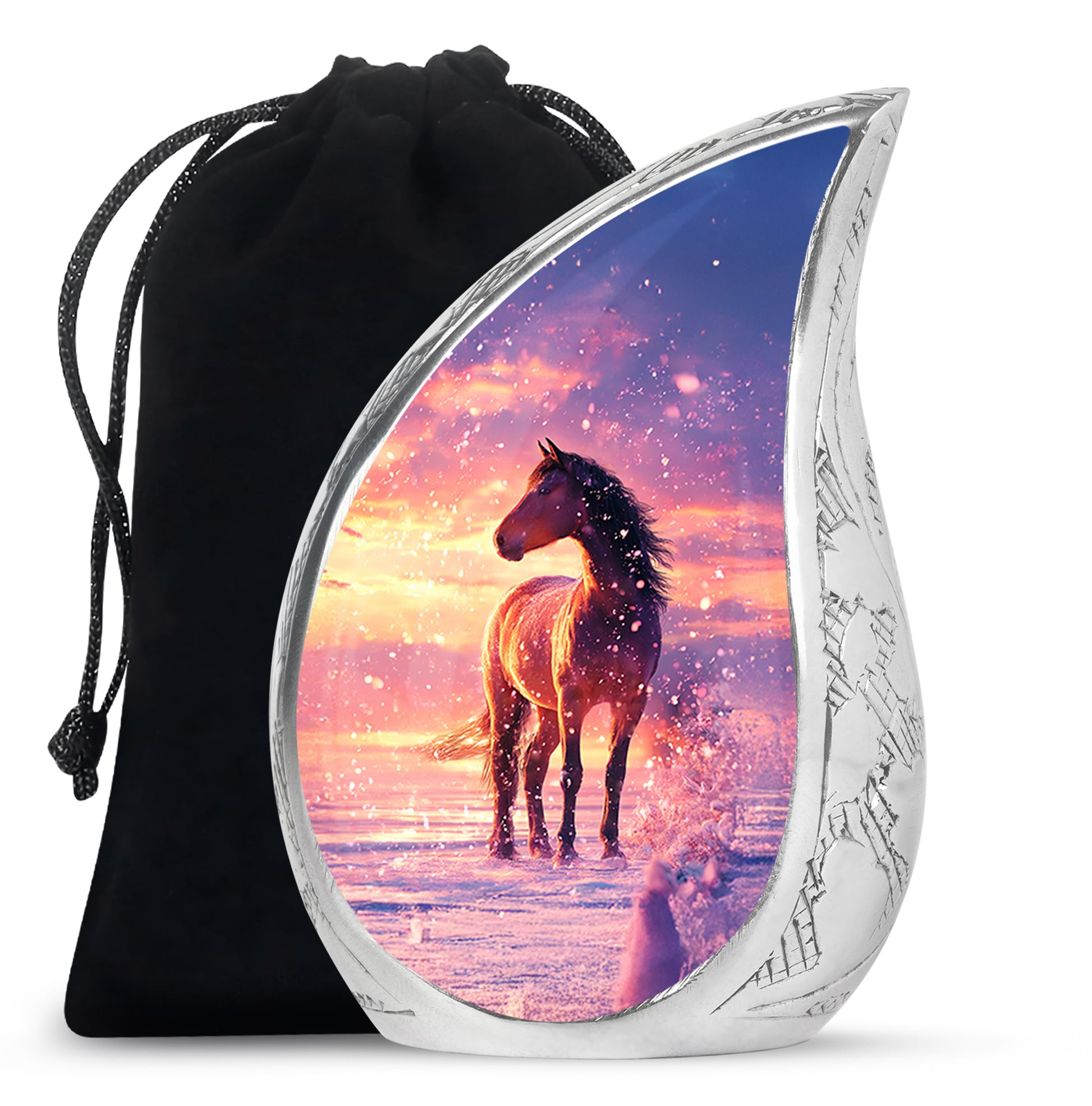 Azure Horse Cremation Urn front view showing detailed design - flowing teardrop horse silhouette on curved aluminum - full-size 10 inch 200 cubic inch adult cremation urn