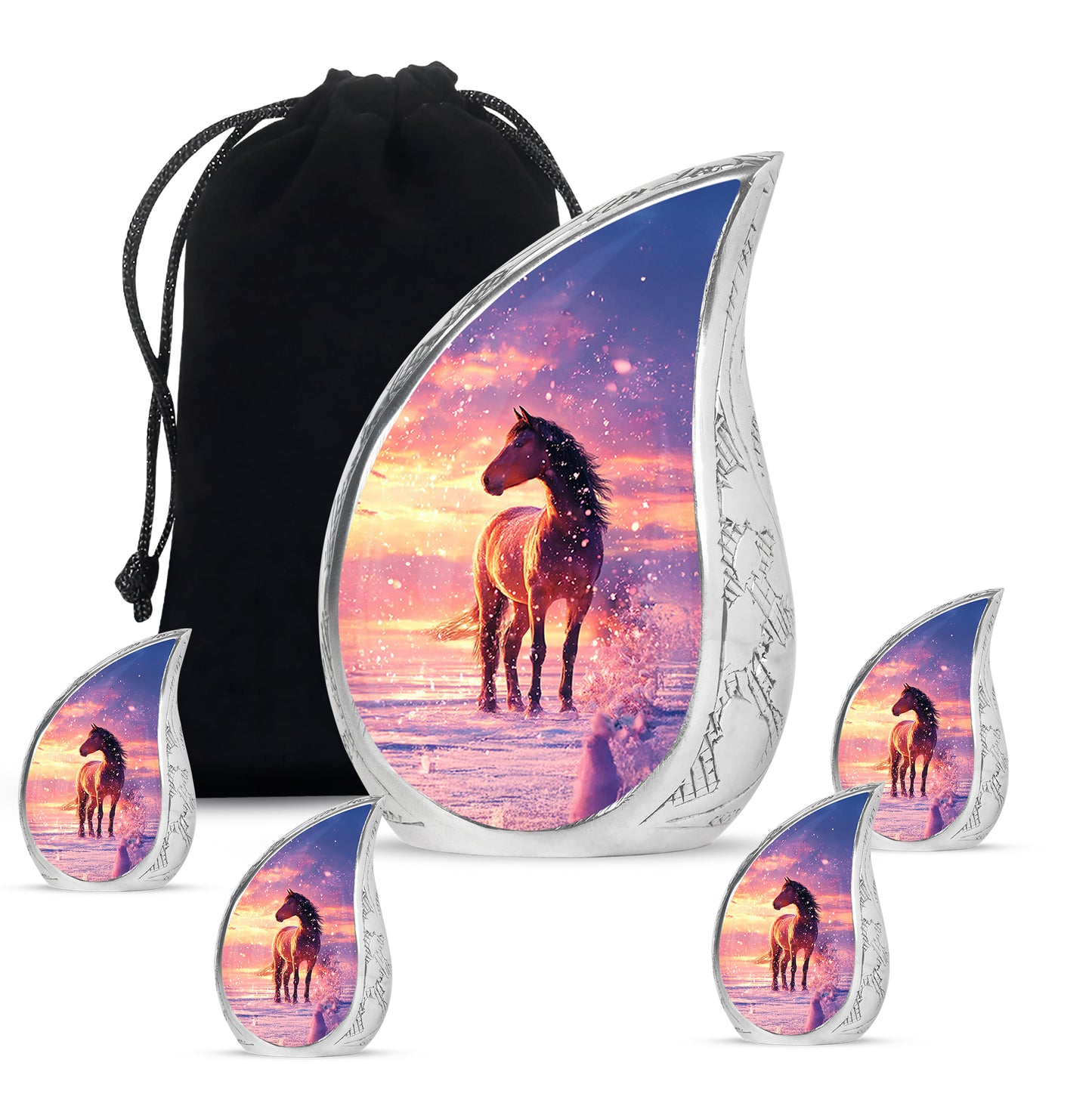 Misty Blue Horse Cremation Urn side profile showing urn shape - rounded teardrop horse design with delicate detail - memorial set with one large and four small urns