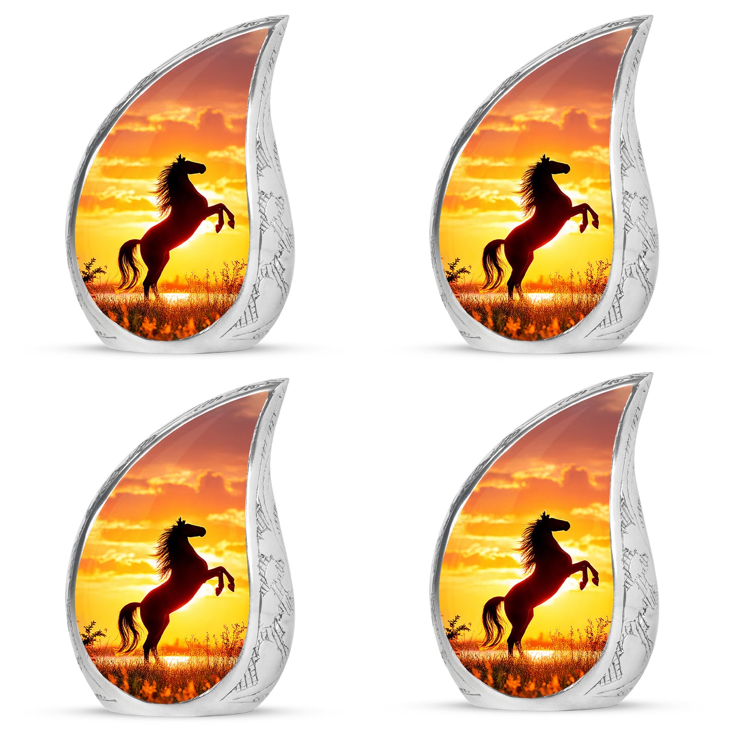 Wine Red Horse Cremation Urn close-up of engraving and surface detail - flowing teardrop horse silhouette on curved aluminum - 10 inch aluminum urn for cremated remains
