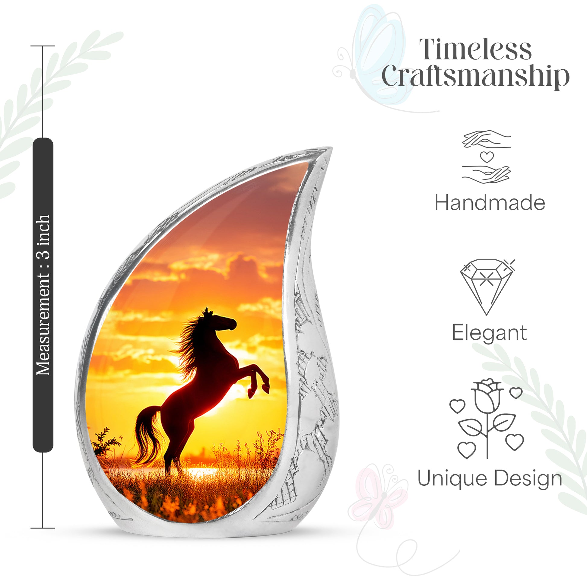 Garnet Red Horse Cremation Urn angled view of lid and engraved motif - rounded teardrop horse design with delicate detail - mini keepsake memorial for portion of cremation ashes