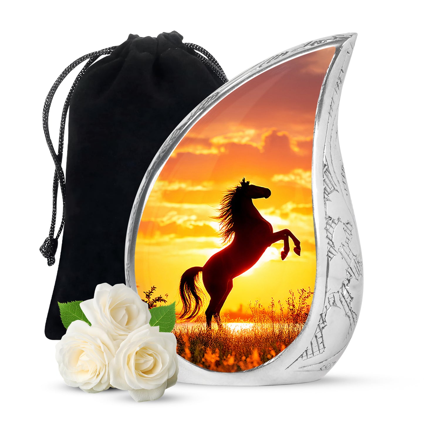Scarlet Red Horse Cremation Urn front view showing detailed design - smooth teardrop contour featuring horse art - full-size 10 inch 200 cubic inch adult cremation urn