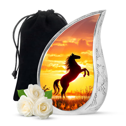 Scarlet Red Horse Cremation Urn front view showing detailed design - smooth teardrop contour featuring horse art - full-size 10 inch 200 cubic inch adult cremation urn