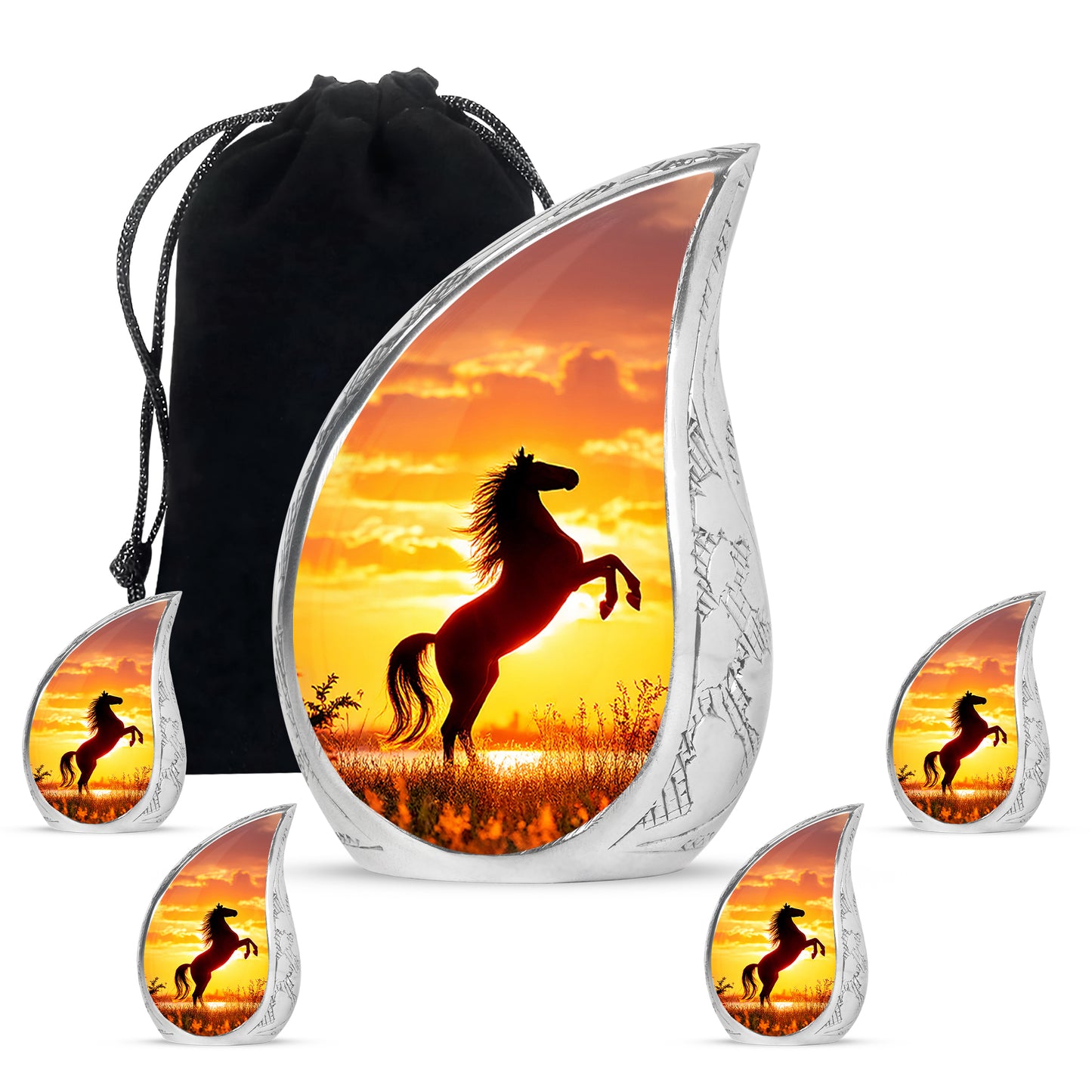 Scarlet Red Horse Cremation Urn side profile showing urn shape - graceful tear-shaped urn with horse motif - memorial set with one large and four small urns