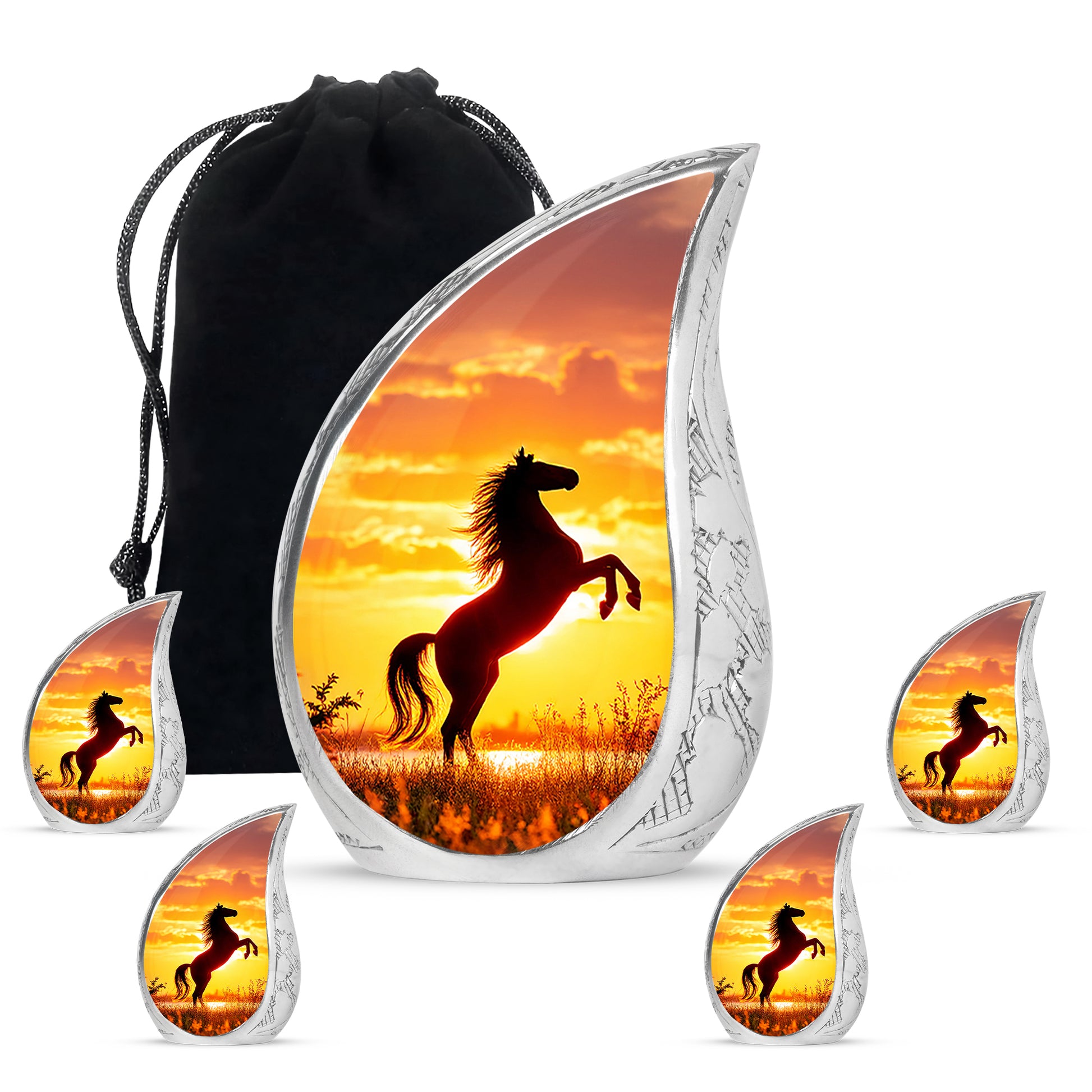 Scarlet Red Horse Cremation Urn side profile showing urn shape - graceful tear-shaped urn with horse motif - memorial set with one large and four small urns