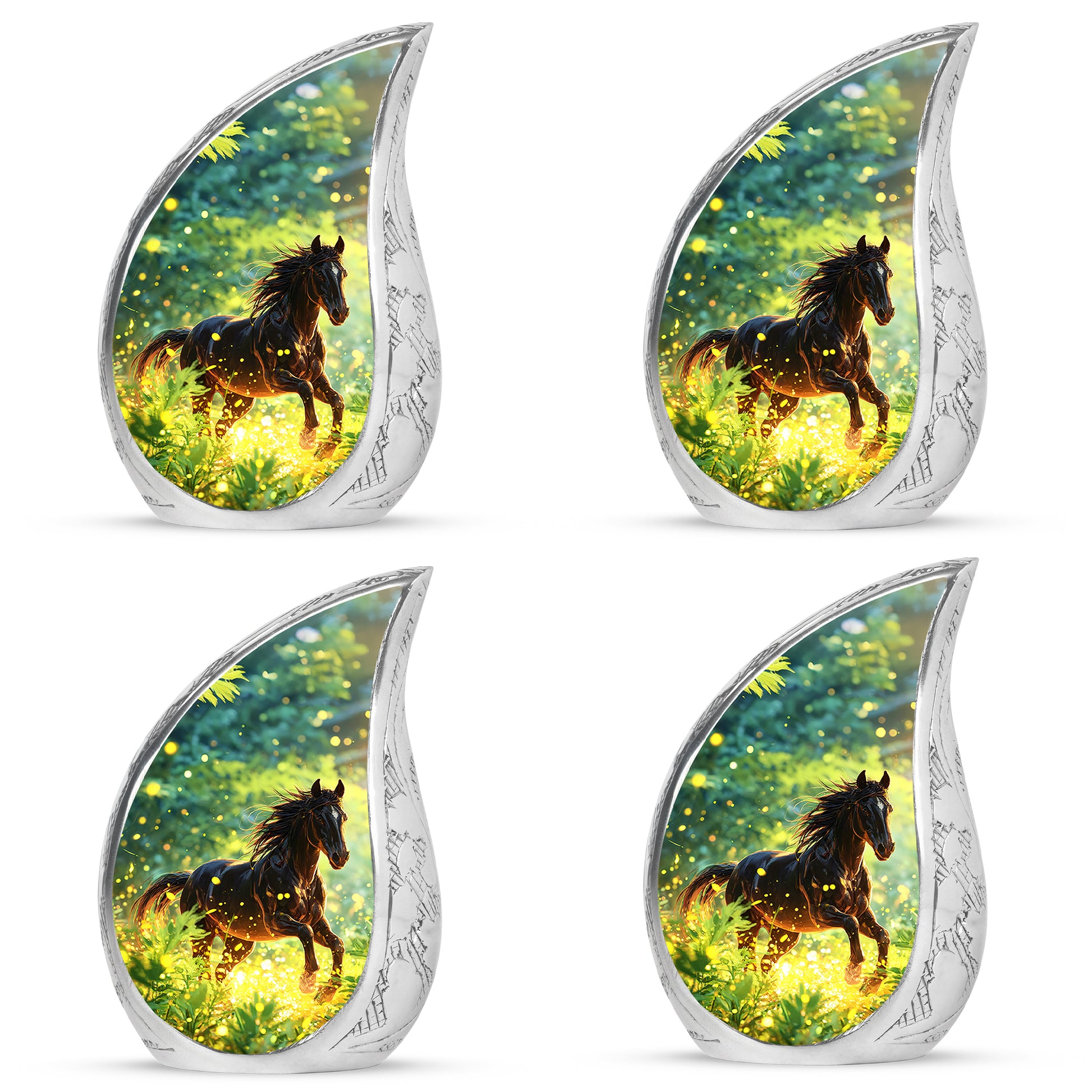 Cool Teal Horse Cremation Urn close-up of engraving and surface detail - rounded teardrop horse design with delicate detail - 10 inch aluminum urn for cremated remains