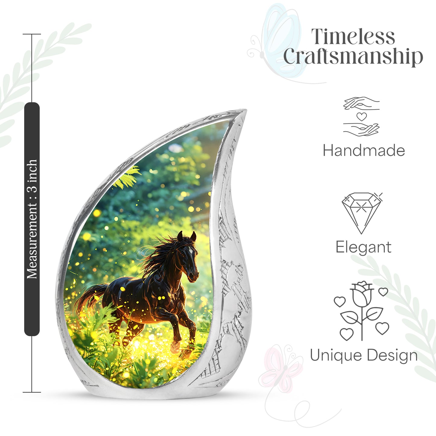 Vivid Teal Horse Cremation Urn angled view of lid and engraved motif - graceful tear-shaped urn with horse motif - mini keepsake memorial for portion of cremation ashes