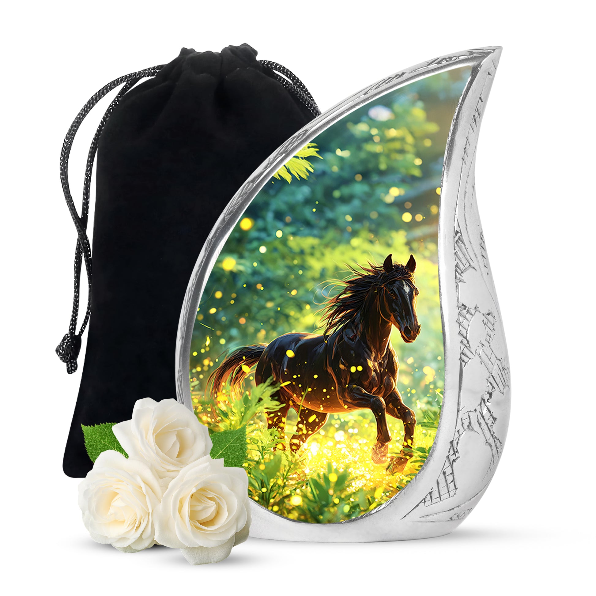 Ocean Teal Horse Cremation Urn front view showing detailed design - flowing teardrop horse silhouette on curved aluminum - full-size 10 inch 200 cubic inch adult cremation urn
