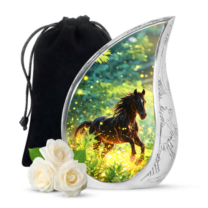 Ocean Teal Horse Cremation Urn front view showing detailed design - flowing teardrop horse silhouette on curved aluminum - full-size 10 inch 200 cubic inch adult cremation urn