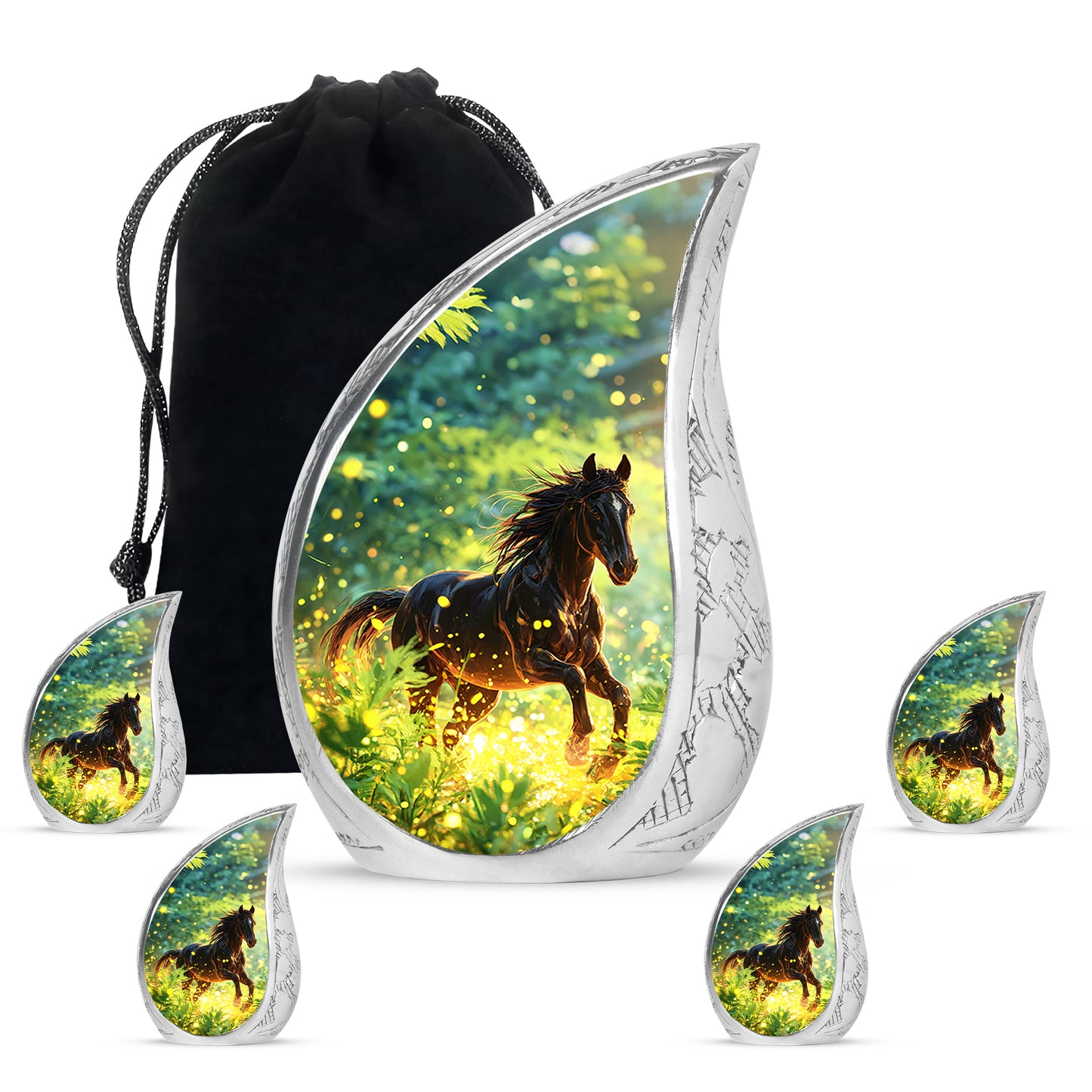 Cool Teal Horse Cremation Urn side profile showing urn shape - flowing teardrop horse silhouette on curved aluminum - memorial set with one large and four small urns